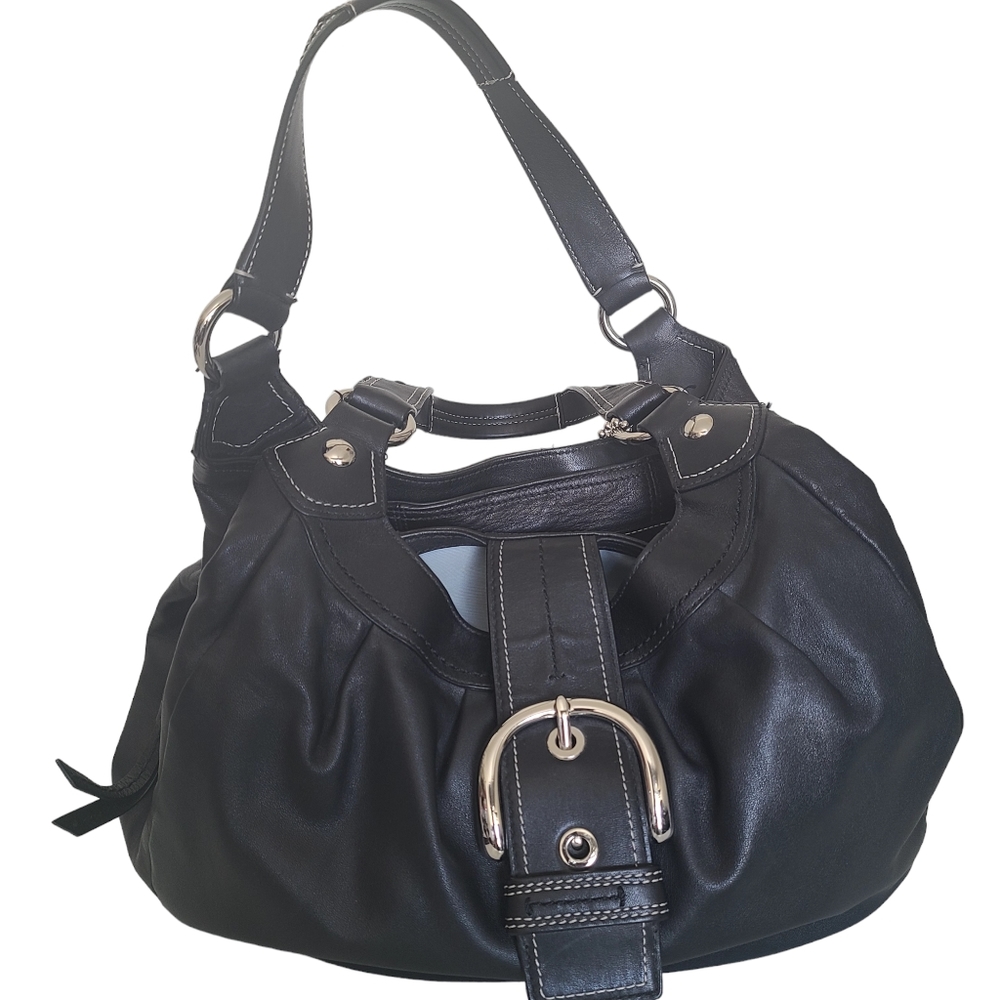 EUC Coach Soho Lynn Hobo Bag Black Leather Handbag Buckle Front